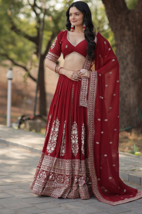 Maroon Faux Blooming Georgette Lehanga Choli Dupatta Set