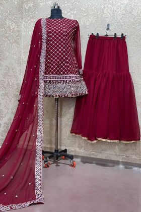 Maroon Heavy Georgette Paper Mirror Embroidery Work Sharara Suit