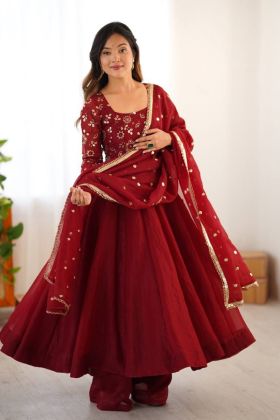 Designer Anarkali Gown in Maroon with Embroidered Dupatta and Plazo