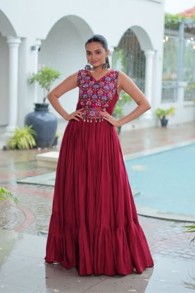 Embroidered Navratri Gown by Maroon Designer Kutchi Gamthi