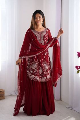 Elegant Maroon Faux Kurta Sharara Dupatta Set in Georgette