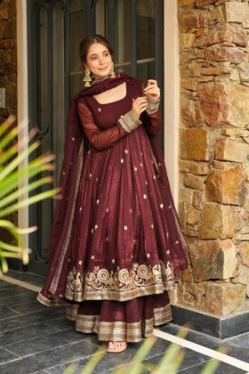 Elegant Maroon Top-Gown, Dupatta, and Plazo Set in Heavy Crunchy Silk 