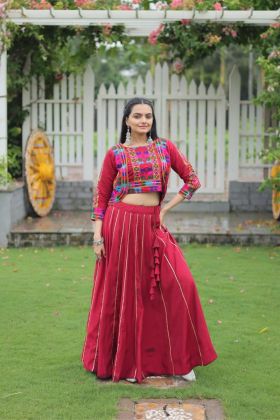 Festive Roman-style Lehenga in Maroon with Embroidered Top