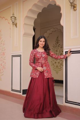 Flair Pure Shimmer Vichitra Lehenga Set with Maroon Peplum Top