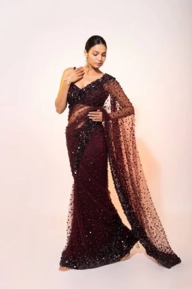 Holographic Sequins and Thread Work on a Maroon Shimmering Net Saree