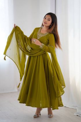 Pure Soft Mehandi Green Anarkali Dupatta Pant Suit Set in Georgette