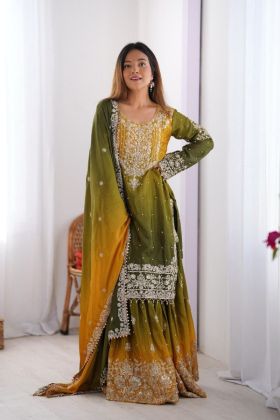 Rivet Moti Mehandi Chinon Silk Sharara Kurta Set