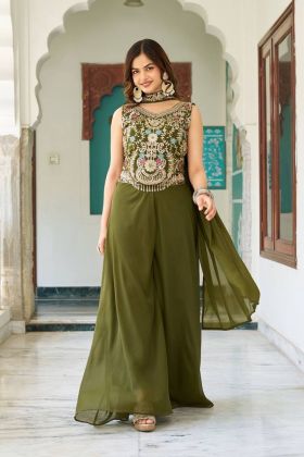 Embroidered top and dupatta Mehandi Star Georgette Top Plazzo Set