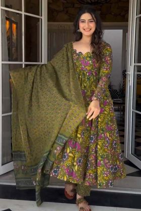 Mehendi color Latest Cotton Silk Rakhi Special Anarkali Suit