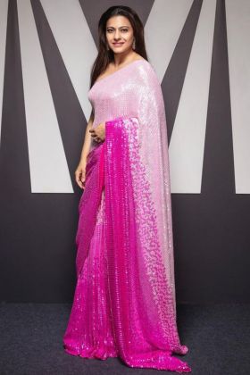 Movies Actress Kajol Style Dark Pink Sequence Work Saree