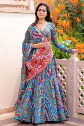 Multi Blue Color Navratri Special Faux Georgette Lehenga Choli
