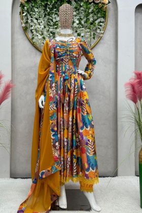 Multi Color Chinon Silk Printed Gown