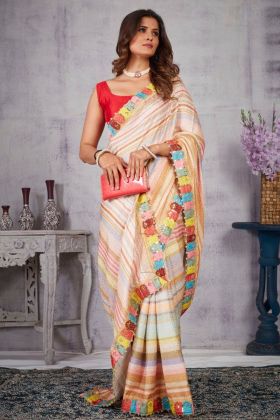 Multi Color Digital Printed Moti Work Saree