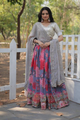 Multicolor Digital Printed Faux Georgette Lehanga Choli And Dupatta
