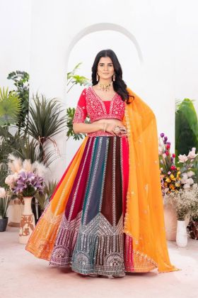 This multicolored faux georgette lehenga set features intricate embroidery with sequins.