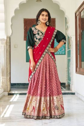 Lehenga Choli Set in Multicolored Mono Silk with Jacquard Embroidery
