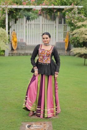 Kutchi Gamthi Embroidered Multicolored Peplum Top and Rayon Lehenga Set