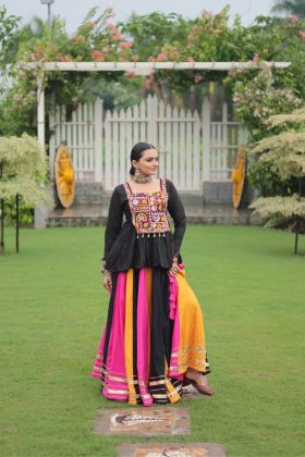 Kutchi Gamthi Embroidered Multicolored Peplum Top and Rayon Lehenga Set