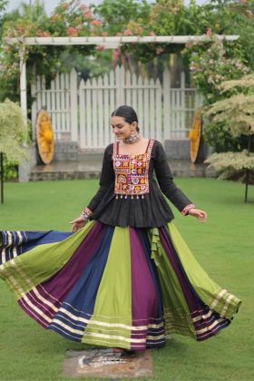 Kutchi Gamthi Embroidered Multicolored Peplum Top and Rayon Lehenga Set