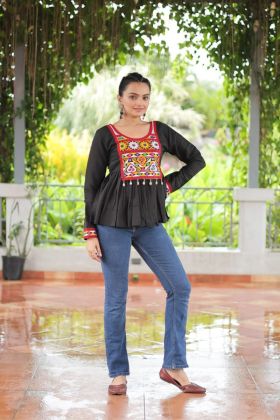 Peplum Kurti in Multicolored Roman Fabric with Gamthi Work