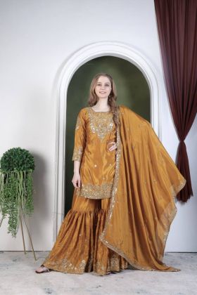 Sharara Dupatta Pants Sharara Suit Mustard Pure Chinon Silk