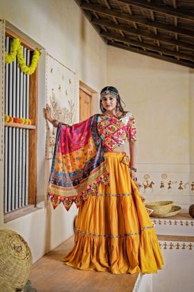 Mustard Rayon Lehanga Choli with Mirror for Navratri