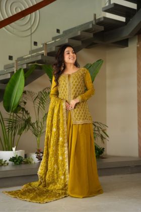 Kurti Sharara Dupatta Set in Mustard Fendy Fabric with Zari Embroidery