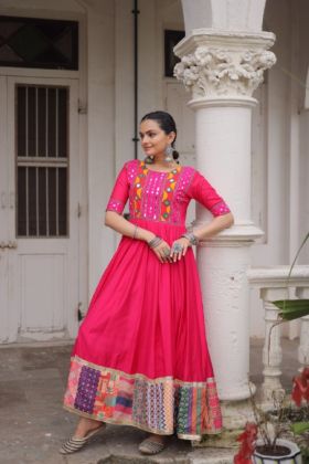 Roman Silk Gown for Navratri with Mirror and Thread Work