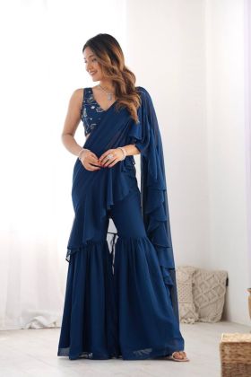 Pure Faux Navy Blue Embroidered Georgette Sharara Saree