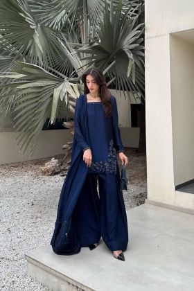 Pure Natural Crep Silk Kurta Plazo Dupatta Set in Navy Blue