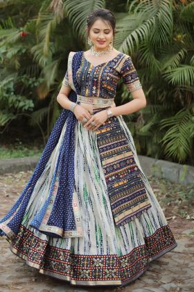 Digital Print of Navy Blue Slub Cotton Chaniya Choli for Navratri.
