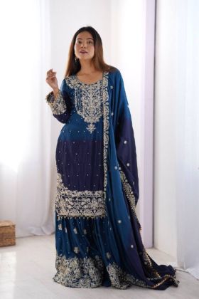 Chinon Silk Sharara Kurta Set in Navy Blue with Rivet Moti