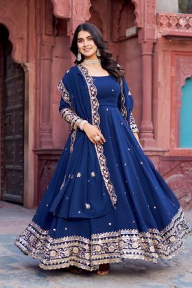 Faux Georgette Gown in Navy Blue with Sequin and Thread Work