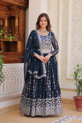 Heavy Fox Georgette Lehenga Set in Navy Blue with Embroidery