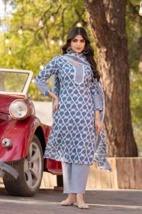 Chic Printed Cotton Kurta Pant Dupatta Set in Navy Blue