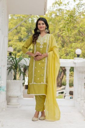 Chanderi Silk Kurta Pant Dupatta Set in Neon Green with Embroidered