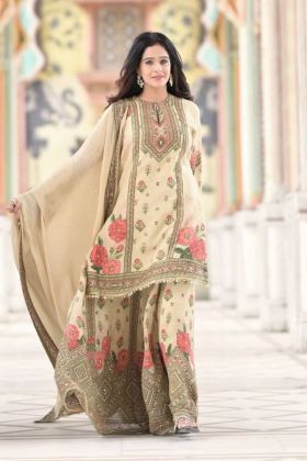 Sharara Kurti Set in Off White Pure Chinon Silk with Mirror and Stone Work