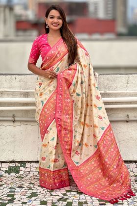 Zari Woven Off White Pure Patola Premium Silk Saree.