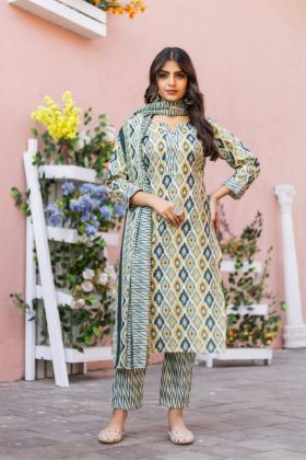 Chic Printed Cotton Kurta Pant Dupatta Set in Olive Green