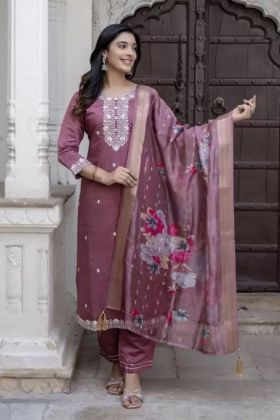 Onion Pink Elegant Chanderi Cotton Kurta Pant Set Embroidered