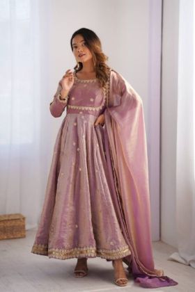 Fandy Silk Anarkali Gown Set in Onion Pink with Dupatta and Pants