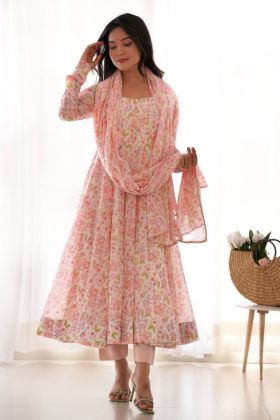 Anarkali Gown Dupatta Pant Suit Set in Peach Chiffon with Floral Print