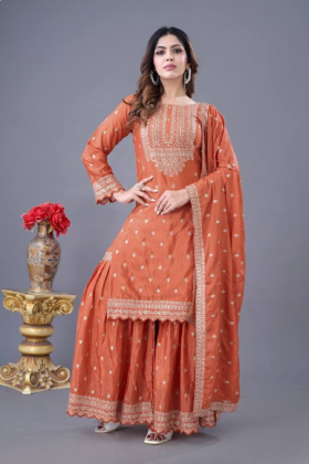Orange Heavy Chinon Silk Sharara Dupatta Set