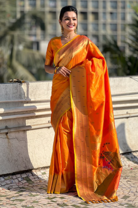 Orange Paithani Soft Silk sarees with floral motifs