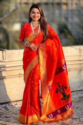 Orange Soft Silk sarees with floral motifs weaves