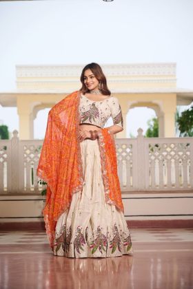 Bandhej Dupatta and Orange Special Tissue Silk Lehenga Choli Set for Navratri