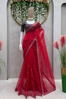 Organza Silk Red Color Party Wear Sequnce Work Saree