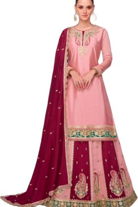 Embroidered Peach Chinon Silk Kurta Sharara Dupatta Set