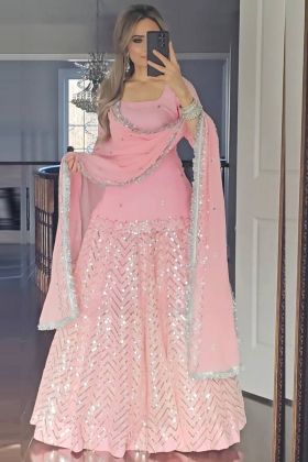 Peach Faux Georgette Lehenga With Tunic Top