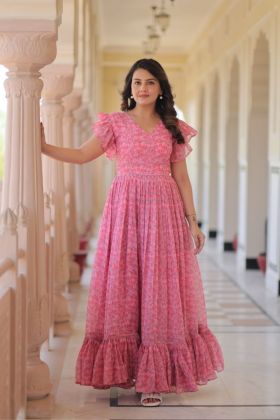 Print Gown Frill Pattern on Peach Faux Georgette